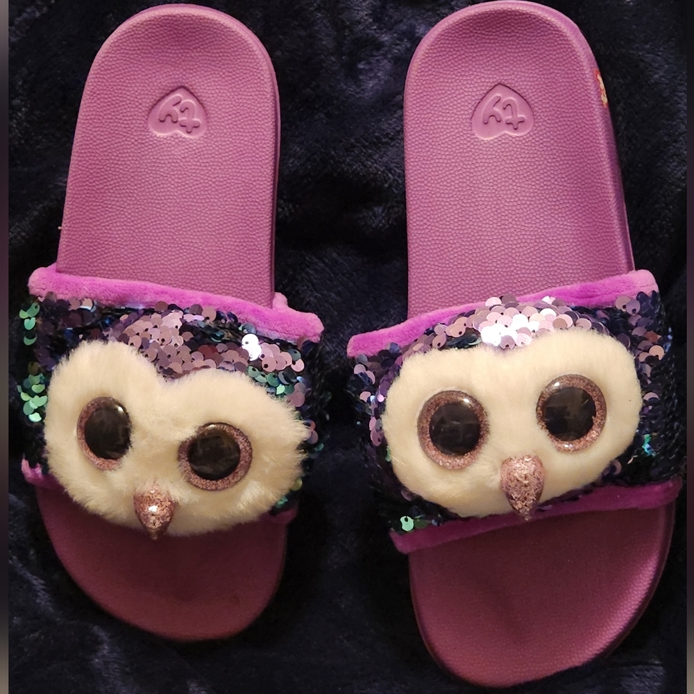 TY Beanie Boos Moonlight Owl Purple Sequin Sandals Slides